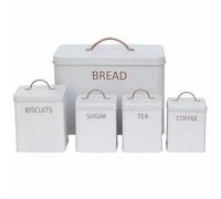simpa 5PC Square Kitchen Storage Set: Bread Bin, Biscuit Tin and Tea, Coffee & Sugar Canister Set - Light Matt Grey - Vintage Classic Inspired Metal Storage Set.