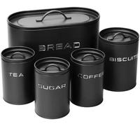 simpa 5PC Stylish Matte Black Metal Kitchen Storage Set Including Oval Bread Bin and Round Biscuit Tin, Tea, Coffee and Sugar Canisters.