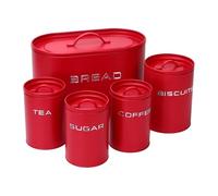 simpa 5PC Stylish Matte Red Metal Kitchen Storage Set Including Oval Bread Bin and Round Biscuit Tin, Tea, Coffee and Sugar Canisters.