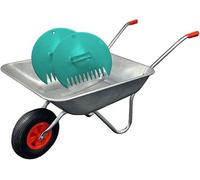 Simpa 65L Galvanised Steel Tray Wheelbarrow With Pnuematic Tyre And Plastic Leaf Grabber Set.