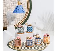 Simpa 6Pc Bohemian Pattern Ceramic Plant Pots With Bamboo Base