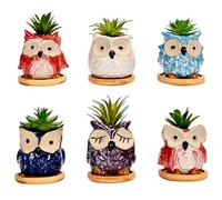 Simpa 6Pc Cartoon Owl Ceramic Plant Pots With Bamboo Base