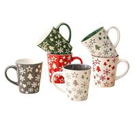 simpa 6PC Christmas Tree & Snowflake Stoneware Mug Set. Volume 350ml. Dishwasher & Microwave Safe.