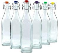 Simpa 6Pc Clear 1L Square Bottles & Assorted Colour Swing Top Lids