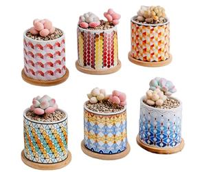 simpa 6PC Decorative Mixed Pattern Ceramic Plant Pots - Gradient Design 7.3cm (H) x 7.3cm (Dia)