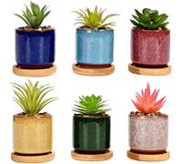 simpa 6PC Ice Crack Ceramic Plant Pots with Bamboo Base simpa Multicolor
