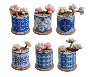 Simpa 6Pc Oriental Pattern Ceramic Plant Pots With Bamboo Base