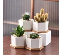 simpa 6PC White Hexagonal Ceramic Plant Pots with Bamboo Base simpa White