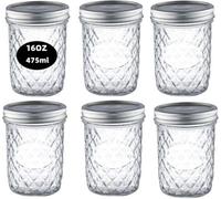 Simpa 6Pk 475Ml/16Oz Quilted Decorative Glass Mason Jars With Silver Metal Airtight Lids.