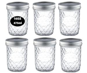 simpa 6PK 475ml/16oz Quilted Decorative Glass Mason Jars with Silver Metal Airtight Lids. Suitable for Meal Prep, Drinks, Food Storage, Canning, Dry Food, Salads and more.