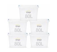 simpa 80 Litre 80L Stackable Plastic Storage Box with Clear Click Lock Closure Lid - 39cm (H) x 58cm (L) x 40cm (W) - Set of 5