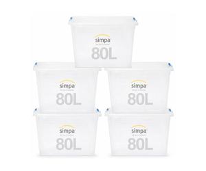 simpa 80 Litre 80L Stackable Plastic Storage Box with Clear Click Lock Closure Lid - 39cm (H) x 58cm (L) x 40cm (W) - Set of 5