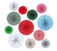 Simpa® Pinwheel Fan Decorations Set of 12 Assorted Colours, Designs & Sizes - Paper Party Fun Novelty Hanging Decorations Pinwheel Decorations with String & Fastening Clips - Style 1