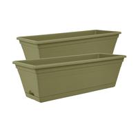 simpa Plastic Olive Green Trough Garden Planter Pot 50cm Length with Detachable Drainage Tray - Set of 2