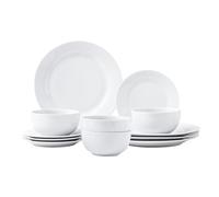simpa Timeless 12PC Plain White Porcelain Dinner Set: 4 Dinner Plates, 4 Side Plates & 4 Bowls. Dishwasher & Microwave Safe.