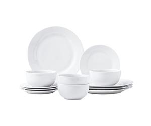 simpa Timeless 12PC Plain White Porcelain Dinner Set: 4 Dinner Plates, 4 Side Plates & 4 Bowls. Dishwasher & Microwave Safe.