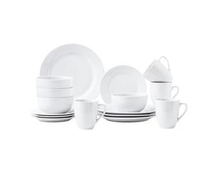 simpa Timeless 16PC Plain White Porcelain Dinner Set: 4 Dinner Plates, 4 Side Plates, 4 Bowls & 4 Mugs. Dishwasher & Microwave Safe.