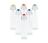 simpa Vintage Style Clear Glass Bottles with Assorted Colour Swing Top Lids. Square 500ml Bottles - Set of 6