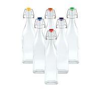 simpa Vintage Style Clear Glass Bottles with Assorted Colour Swing Top Lids. Square 750ml Bottles - Set of 6