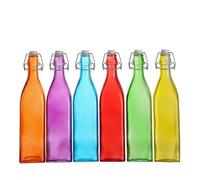 simpa Vintage Style Mix Colour Glass Bottles with Swing Top Lids. Square 1L Bottles - Set of 6