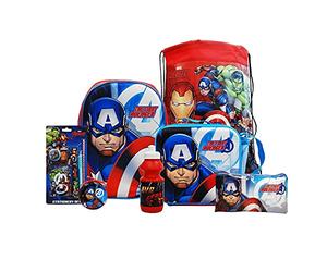 simpahome Captain America 7PC Back to School Bundle - inc 3D Backpack, Drawstring Sports Bag, 3D Insulated Lunch Bag, Water Bottle, Coin Pouch, Pencil Case & Stationery Set.