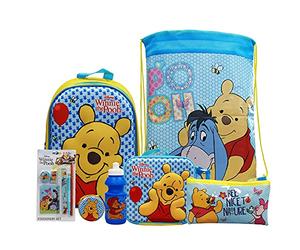 simpahome Winnie the Pooh 7PC Back to School Bundle - inc 3D Backpack, Drawstring Sports Bag, 3D Insulated Lunch Bag, Water Bottle, Coin Pouch, Pencil Case & Stationery Set.