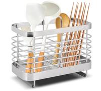 Simpcozy Stainless Steel Utensil Holder, Cutlery Organizer - Rust-Resistant Sink Drainer Caddy with 2 Compartments, Kitchen Sink Tidy for Utensils Storage (Silver)