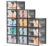 SIMPDIY Shoe Storage Box,12 pcs Shoe Box Clear Plastic Stackable, Shoe Organizer Containers with Lids for Women/Men,Fit up to UK 12,Black