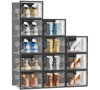 SIMPDIY Shoe Storage Box,12 pcs Shoe Box Clear Plastic Stackable, Shoe Organizer Containers with Lids for Women/Men,Fit UK 12,Black