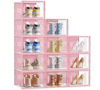 SIMPDIY Shoe Storage Box,12 pcs Shoe Boxes Clear Plastic Stackable, Shoe Organizer Containers with Lids for Women/Men,Fit up to UK 12,Pink
