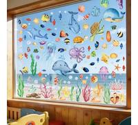 Simpeak 134 pcs Self-Adhesive Ocean World Window Clings, 9 Sheets PVC Summer Window Stickers Decoration, Fish, Sea Turtles, Algae, Starfish Decoration for Wall, Bathroom, Refrigerator