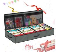 SIMPHAUS Christmas Wrapping Paper Storage Bag with Structure 600D Oxford Sturdy Gift Wrap Storage Bag Wrapping Paper Roll Holder with Compartments Organiser Box for Gift Tags, Bows 90x30x12cm Grey