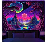 Simpkeely Blacklight Galaxy Moon Tapestry - Alien Landscape UV Reactive Neon Mountain Forest, Space Fantasy Plants Wall Hanging for Room Decor - 150 x 200 cm