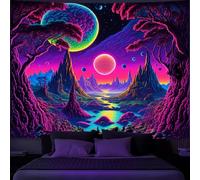 Simpkeely Blacklight Galaxy Moon Tapestry - Alien Landscape UV Reactive Neon Mountain Forest, Space Fantasy Plants Wall Hanging for Room Decor - 130 x 150 cm