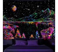 Simpkeely Blacklight Mountain Tapestry, Galaxy Meteor Aesthetic UV Reactive Tapestries, Forest Moon and Stars Starry Night Glow in The Dark Wall Hanging Tapestry for Bedroom, Living Room - 180 x 230cm