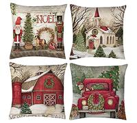 Simpkeely Christmas Pillow Covers 18 x 18 Inches Set of 4 Xmas Series Red Truck Throw Pillowcase Cushion Cover Case Cotton Zipped Square Christmas Decorations