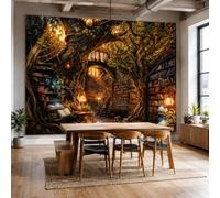 Simpkeely Fantasy Forest Library Wall Tapestry for Bedroom, Nature Decor | Enchanted Bookshelf and Magical Tree Large Wall Hanging, Warm Amber Tones, Reading Nook Living Room Decor, 200 x 150cm