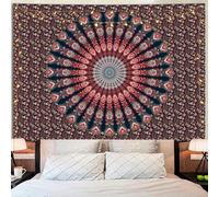 Simpkeely Indian Mandala Floral Tapestry, Bohemian Peacock Handmade Flower Medallion Wall Hanging Decorative Tapestries for Bedroom, Living Room - 130 x 150 cm - Red