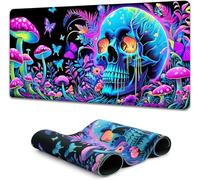 Simpkeely Large Skull Mushroom Gaming Mouse Pad - UV Light Reactive Neon Glow Butterfly Mat Waterproof XL Non-Slip Rubber Base for Computer & Keyboard, 31.5" x 11.8"