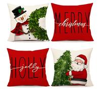 Simpkeely Red Christmas Pillow Covers Set of 4, Festive Farmhouse Christmas Decor, Snowman Wreath Santa Claus Tree Merry Xmas Holly Jolly Winter Throw Cushion Case for Home Sofa - 45 x 45 cm