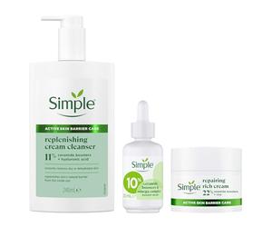 Simple Active Skin Barrier Care Bundle: Replenishing Cream Cleanser, 10% Ceramide & Omega Serum, Repairing Rich Face Cream - Hydrates Dry Skin & Strengthens Skin Barrier for Healthier Skin