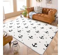 Simple Anchor Pattern Flannel Rug for Living Room & Bedroom Soft Fluffy Carpet White Non-Slip, Machine Washable, Kids Area Rug Mat for Playroom & Floor Protector 160x230 cm