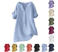 Simple and casual summer t-shirt, women's t-shirt, women's plain short-sleeved t-shirt, button down V-neck t-shirt, outdoor casual shirt, basic shirt, solid colour, blouse, large size S-XXXXXL, Sky