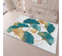 Simple And Elegant Ginkgo Leaves Area Rug, Extra Large Washable Rug, Soft Touch Short Pile Area Rugs Non-Slip Non Shedding, Blue-Green Gold Carpet for Living Room Dining Bedroom Office 80 x 150 cm