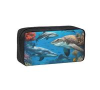 Simple and Spacious Dolphins Sea Turtle Shark Octopus Coral Reef Print Pen case Zippered Organizer for Pens Markers Small Stationery