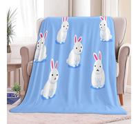 Simple Animal White Rabbit Printed Blue Throw Blanket for Bed, King Size Soft Flannel Throw Blanket for All Season Decor Comfy Warm - 79 × 80 inch Blankets for Adults Kids