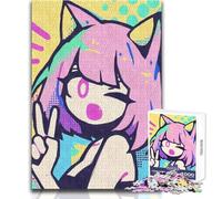 Simple Anime Cat Girl Pop Art 1000 Piece Jigsaws Learning Game for Skill Practice Thoughtful Gift for Happy Moments Size 38x52cm