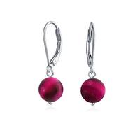 Simple Basic Plain Round Dyed Fuchsia Tiger-Eye Bead Drop Ball Dangle Lever back Earrings For Women .925 Sterling Silver