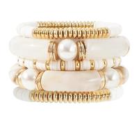 Simple Beaded Gold Bangles Bracelet for Women Chunky Bamboo Tube Stacking Clear Acrylic Colorful Beads Stretchable Bracelets Set(Ivory set)