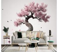 Simple Beautiful Three Dimensional Cherry Blossom Tree With Twisted Branches Falling Petals 3D Wallpaper Silky Texture Home Study Office Grey Dining Room Sofa Bedroom Living Room Backdrop-350cm×256cm